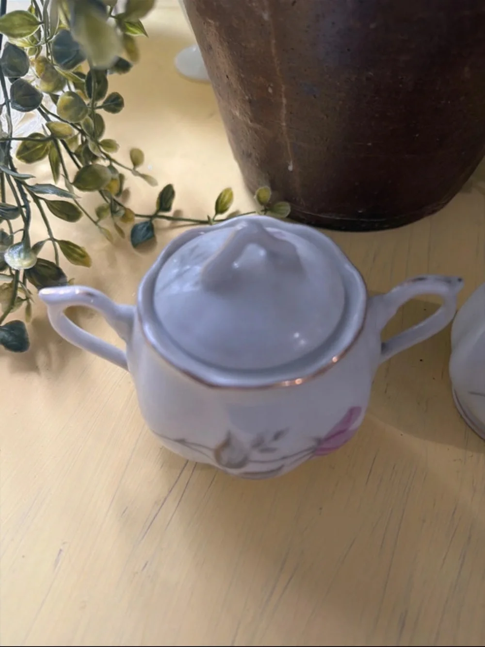 Enesco White Porcelain Sugar Bowl and Creamer with Pink Rose Motif